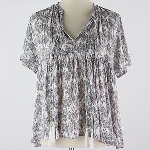 ANTHRO Entro Babydoll Feather Print Tassel Blouse